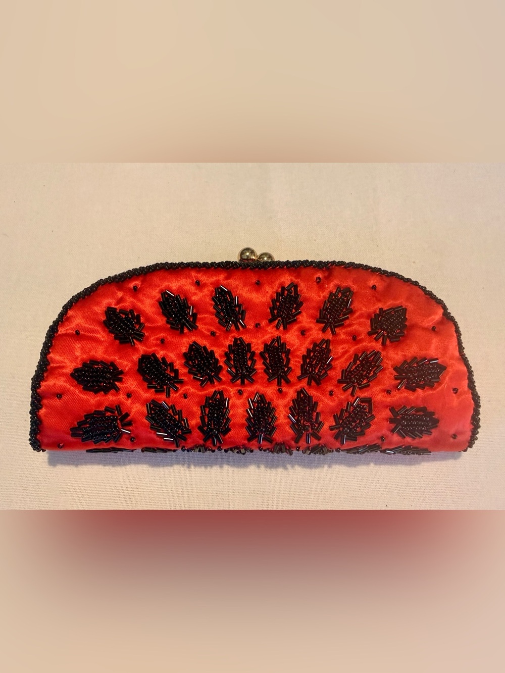 Vintage Red Beaded Satin Evening Strawberry 🍓 Clutch with Black Embellishments